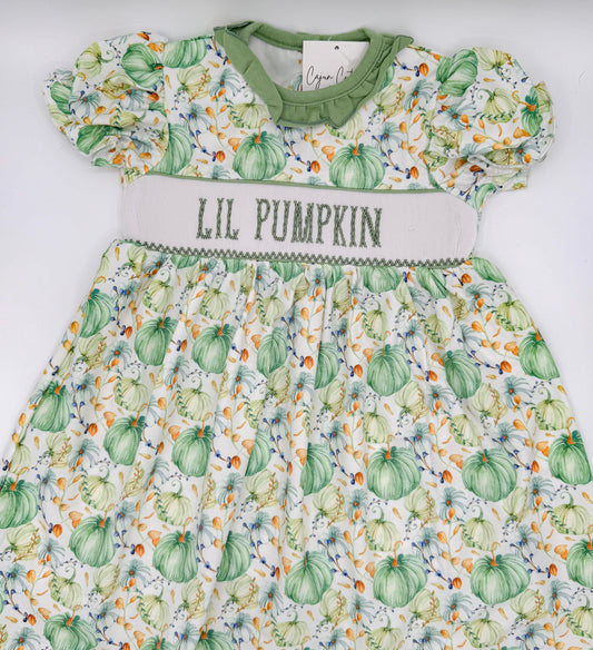 Floral Lil Pumpkin Hand Smocked Baby Dress – Sage Green Fall Outfit | Cajun Cuties & Co