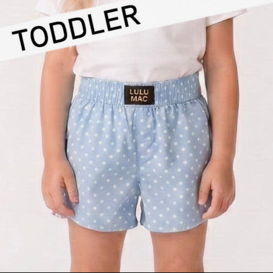 Lulu Mac Toddler light blue Mini Polka Dot Shorts | Girls Boutique Summer Shorts