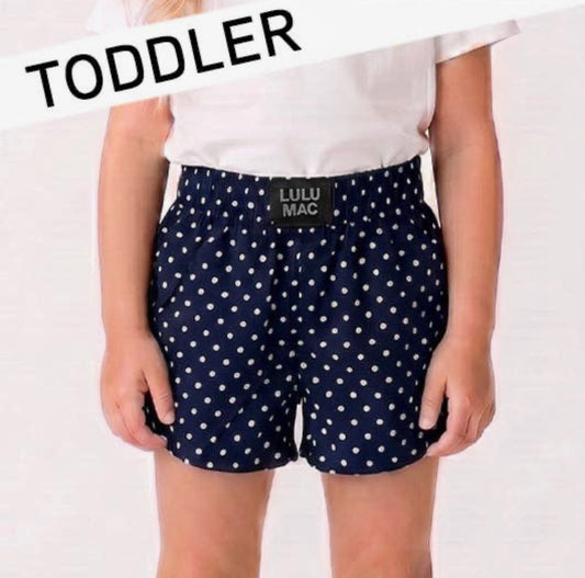 Lulu Mac Toddler Navy Mini Polka Dot Shorts | Girls Boutique Summer Shorts