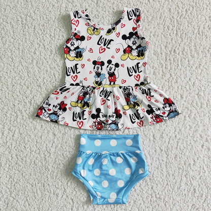 Sibling Baby girls cartoon summer bummie sets