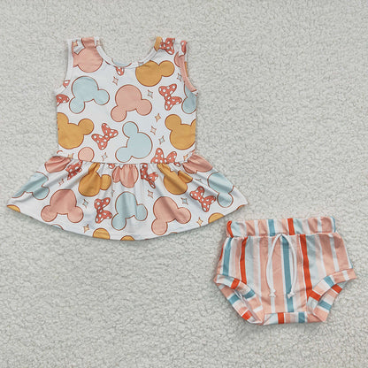 Sibling Baby girls cartoon summer bummie sets
