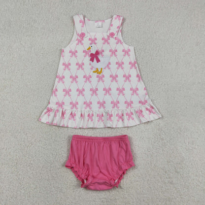 Sibling Baby Girls Sleeveless Embroidery Bows Gooses Tunic Flowers Bummies Clothes Sets