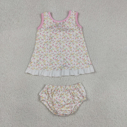 Sibling Baby Girls Sleeveless Back Bow Tunic Flowers Bummies Clothes Sets