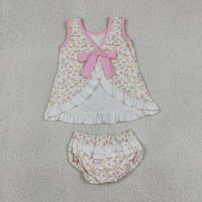Sibling Baby Girls Sleeveless Back Bow Tunic Flowers Bummies Clothes Sets