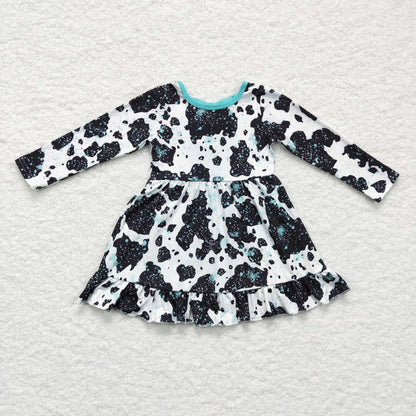 Sibling Baby Girls Cow Turquoises Ruffle Pants Western Clothes Sets Knee Length Dress Rompers