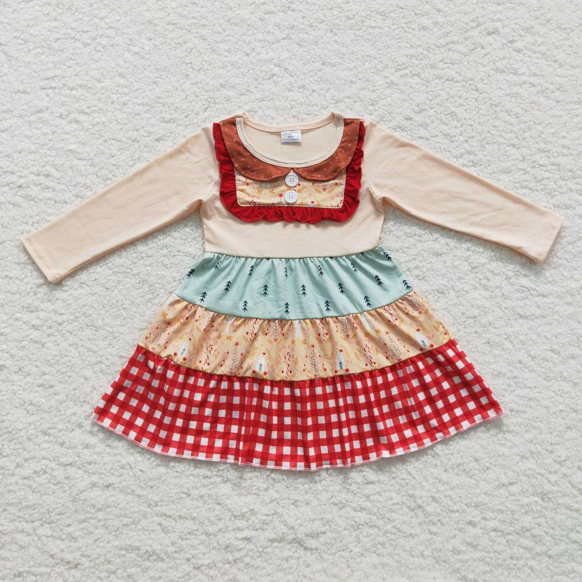 Sibling Baby Girls Candy Cane Stripes Button Christmas Ruffle Knee Length Dresses