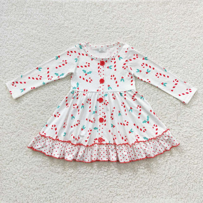 Sibling Baby Girls Holly Candy Cane Plaid Christmas Ruffle Knee Length Dresses