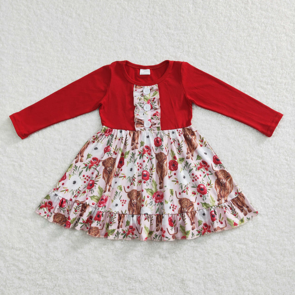 Sibling Baby Girls Flowers Highland Cows Ruffle Pant Western Pajamas Set Knee Length Dress