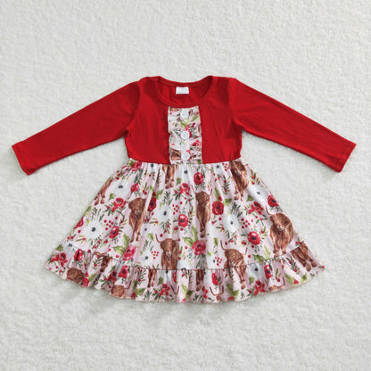 Sibling Baby Girls Flowers Highland Cows Ruffle Pant Western Pajamas Set Knee Length Dress