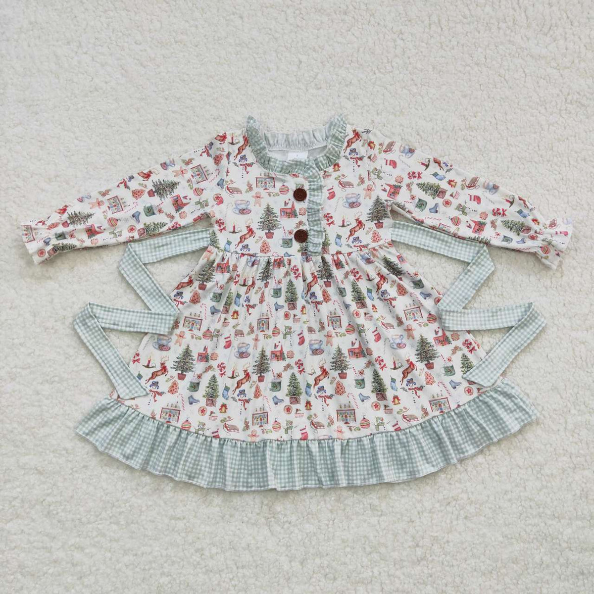 Sibling Baby Girls Christmas Present Belt Button Ruffle Knee Length Dresses Rompers