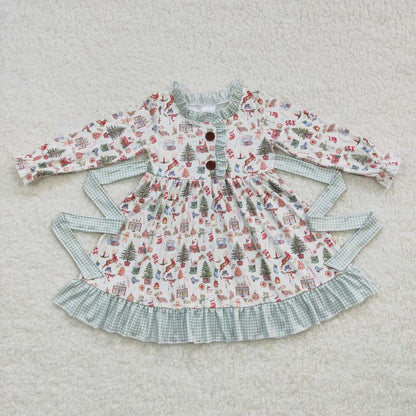 Sibling Baby Girls Christmas Present Belt Button Ruffle Knee Length Dresses Rompers