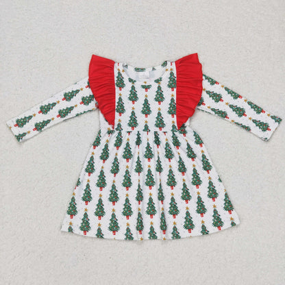 Sibling Baby Girls Bows Trees Plaid Christmas Ruffle Knee Length Dresses