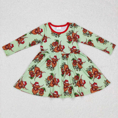 Sibling Baby Girls Hats Highland Cows Plaid Christmas Ruffle Knee Length Dresses