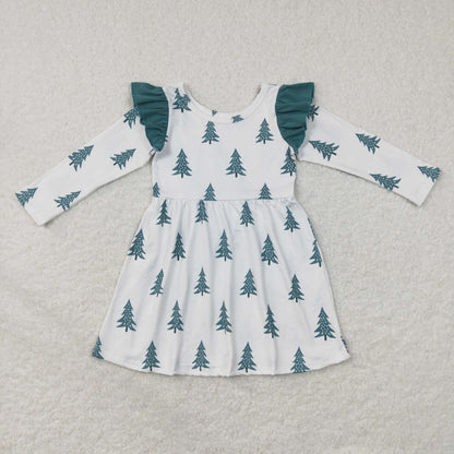 Sibling Baby Girls Bows Trees Plaid Christmas Ruffle Knee Length Dresses