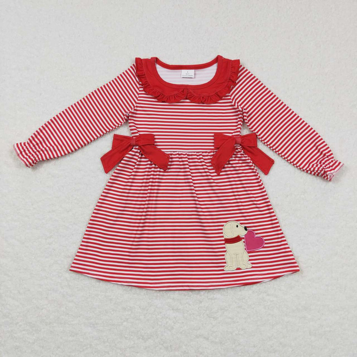 Sibling Baby Girls Red Stripes Bows Embroidery Dog Hearts Valentine Clothes Sets Dress Romper