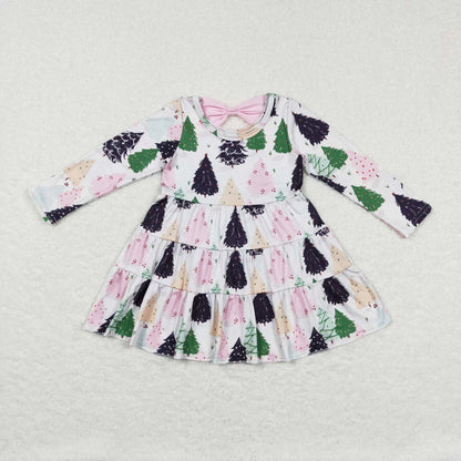 Sibling Baby Girls Bows Trees Plaid Christmas Ruffle Knee Length Dresses