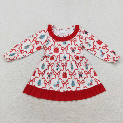 Sibling Baby Girls Candy Cane Stripes Button Christmas Ruffle Knee Length Dresses