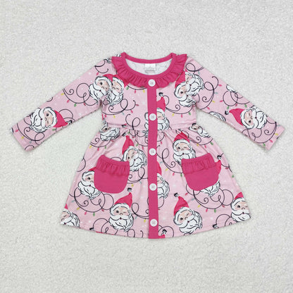 Sibling Baby Girls Santa Plaid Button Pockets Christmas Ruffle Knee Length Dresses