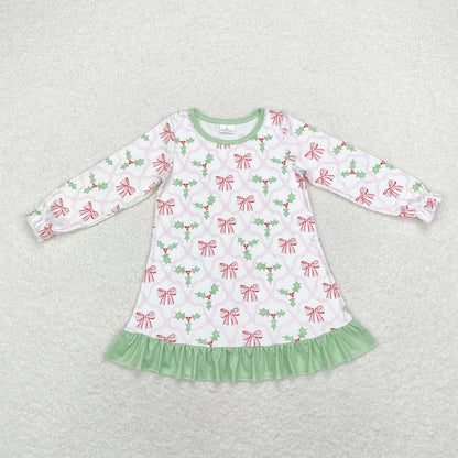 Sibling Baby Girls Bows Holly Trees Plaid Christmas Ruffle Knee Length Dresses
