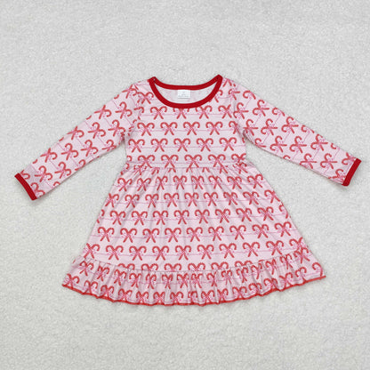 Sibling Baby Girls Candy Cane Stripes Button Christmas Ruffle Knee Length Dresses