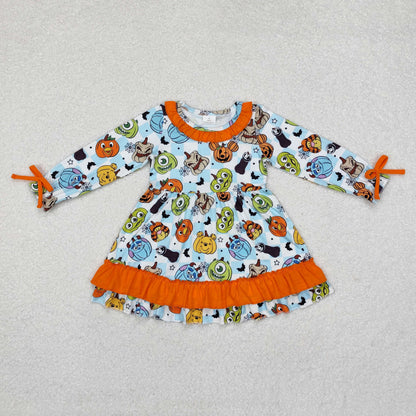 Sibling Baby Girls Long Ruffle Sleeve Cartoon Pumpkins Princess Trees Knee Length Dresses