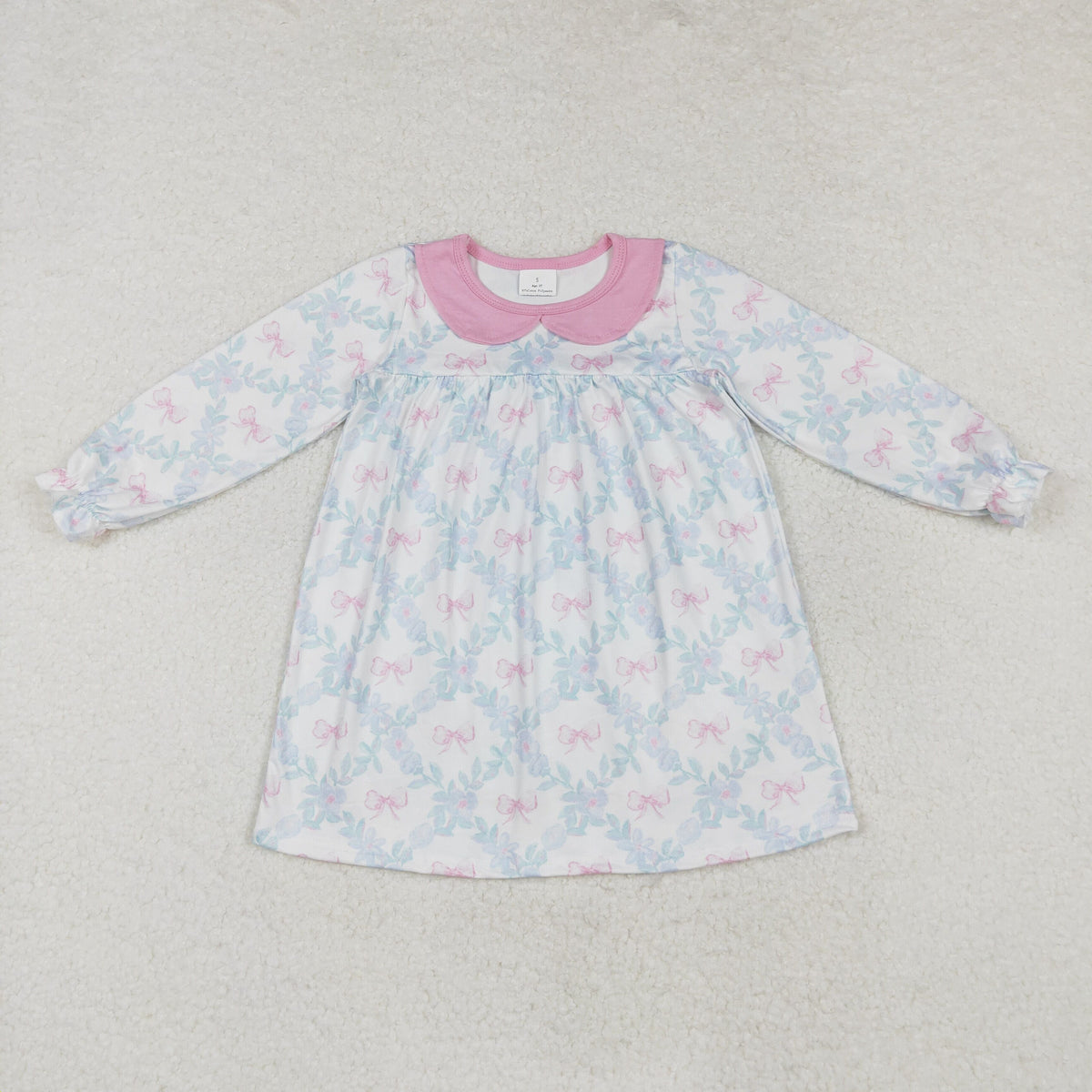 Sibling Baby Girls Bows Flowers Checked Long Ruffle Sleeve Collar Knee Length Dresses
