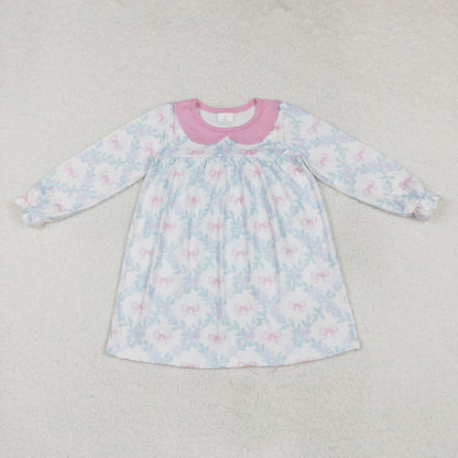 Sibling Baby Girls Bows Flowers Checked Long Ruffle Sleeve Collar Knee Length Dresses