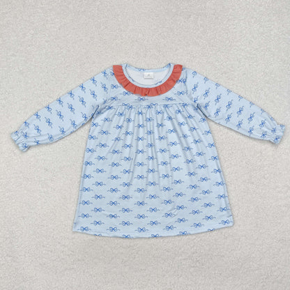 Sibling Baby Girls Bows Flowers Checked Long Ruffle Sleeve Collar Knee Length Dresses