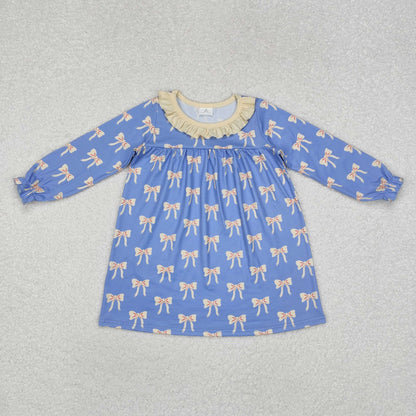 Sibling Baby Girls Bows Flowers Checked Long Ruffle Sleeve Collar Knee Length Dresses