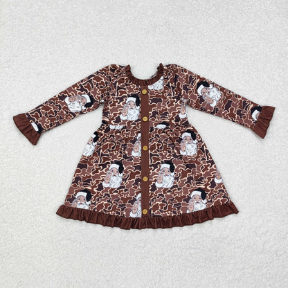 Sibling Baby Girls Santa Plaid Button Pockets Christmas Ruffle Knee Length Dresses