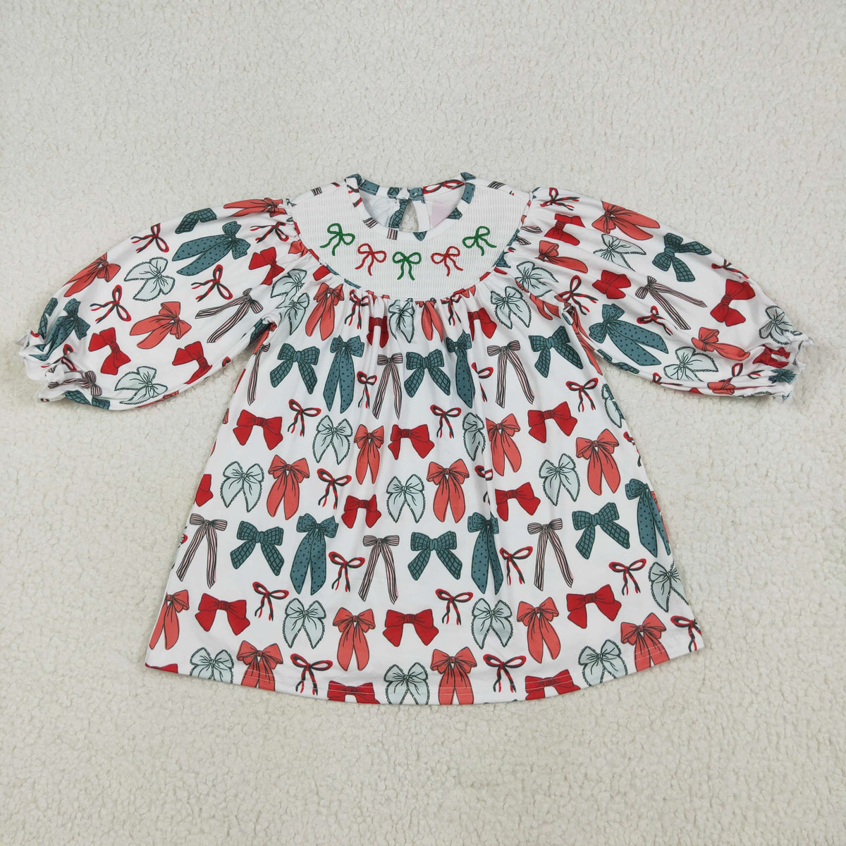 Smocked Embroidery Sibling Baby Girls Green Red Bows Christmas Knee Length Dresses