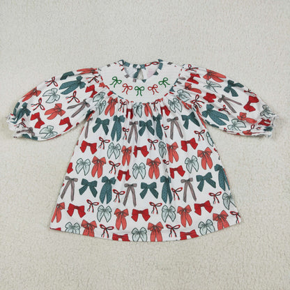 Smocked Embroidery Sibling Baby Girls Green Red Bows Christmas Knee Length Dresses