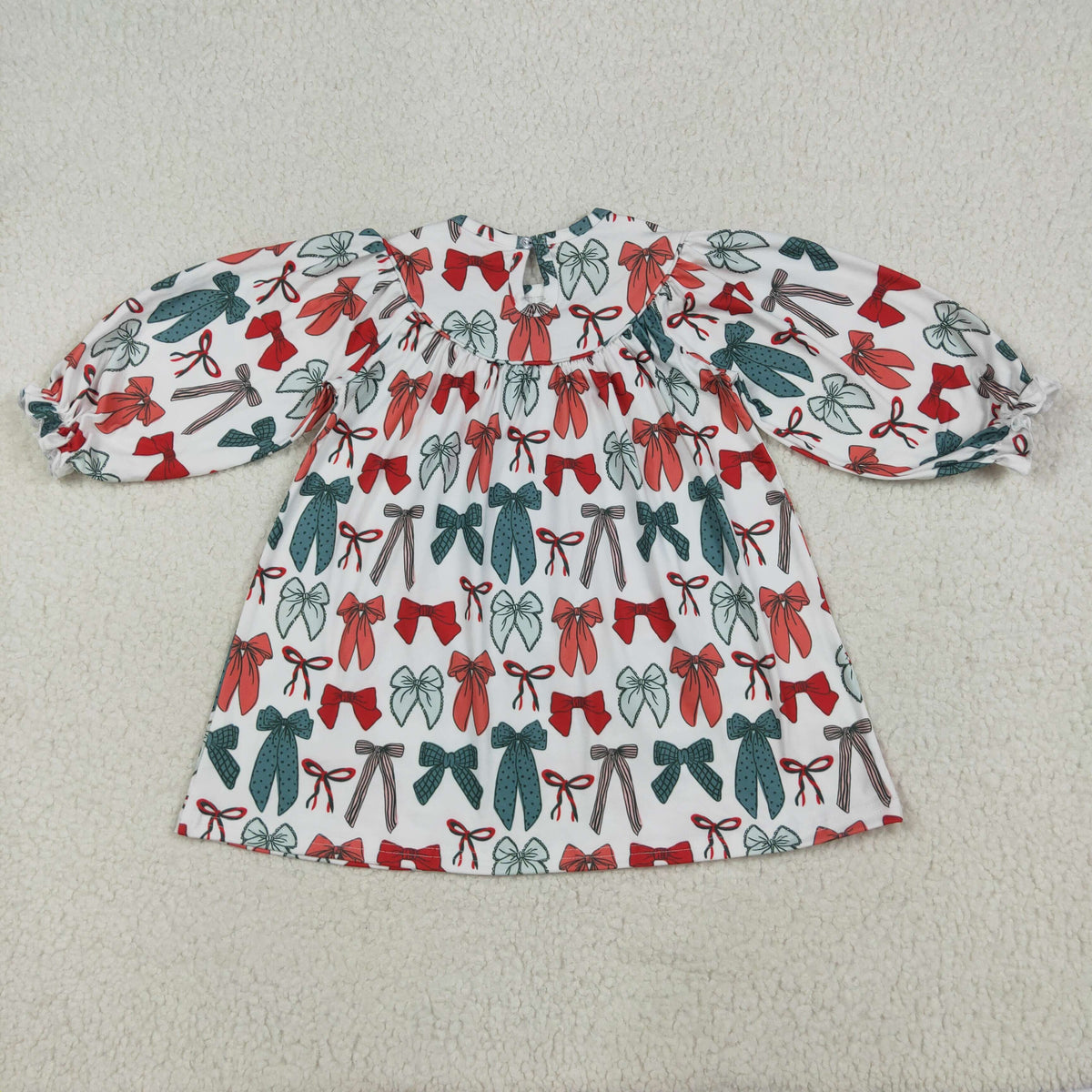 Smocked Embroidery Sibling Baby Girls Green Red Bows Christmas Knee Length Dresses