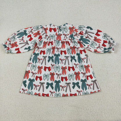 Smocked Embroidery Sibling Baby Girls Green Red Bows Christmas Knee Length Dresses