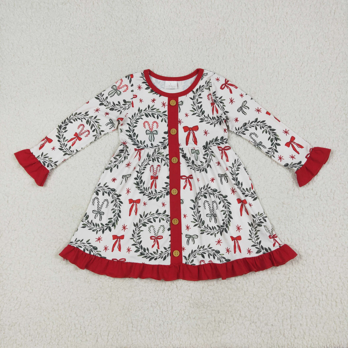 Sibling Baby Girls Candy Cane Stripes Button Christmas Ruffle Knee Length Dresses