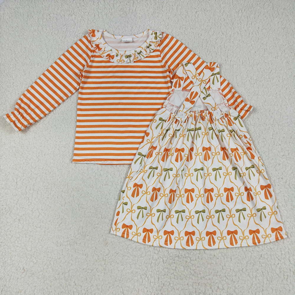 Sibling Baby Girls Stripe Orange Bows Rompers Outfits Clothes Sets