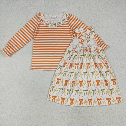 Sibling Baby Girls Stripe Orange Bows Rompers Outfits Clothes Sets