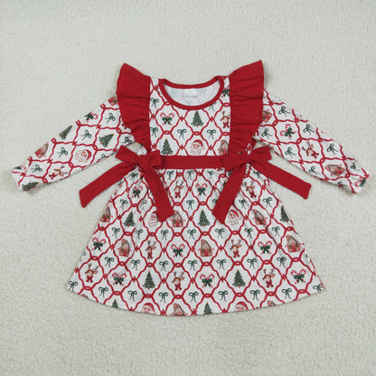 Sibling Baby Girls Santa Plaid Button Pockets Christmas Ruffle Knee Length Dresses
