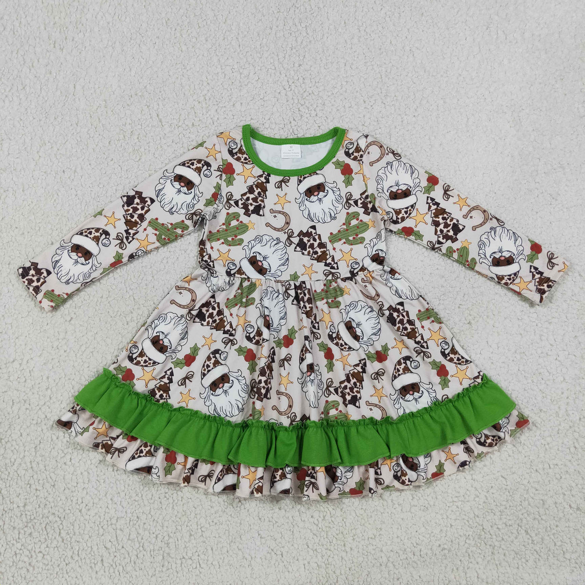 GLD1213 Baby Girls Cow Print Trees Santa Christmas Ruffle Knee Length Dress