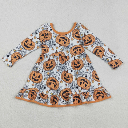 Sibling Baby Girls Ghosts Pumpkins Halloween Fall Ruffle Knee Length Dresses