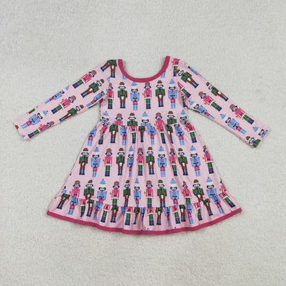 Sibling Baby Girls Christmas Long Sleeve Santa Soldiers Grin Ruffle Knee Length Dresses