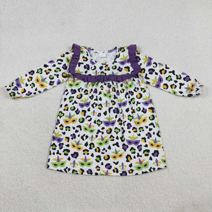 Sibling Baby Girls Long Ruffle Sleeve Mardigras Leopard Bows Anchors Knee Length Dresses