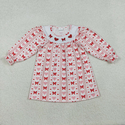 Sibling Baby Girls Embroidery Hearts Bows Ruffle Sleeves Valentines Knee Length Dresses Rompers