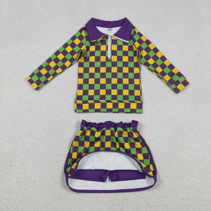 Sibling Baby Girls Mardigras Checked Yoga Active Shorts Knee Length Dress Skorts Clothes Sets