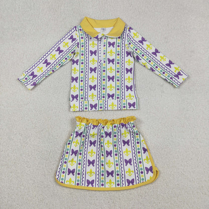 Sibling Baby Girls Mardigras Bows Anchors Stripe Yoga Active Shorts Knee Length Dress Skorts Clothes Sets