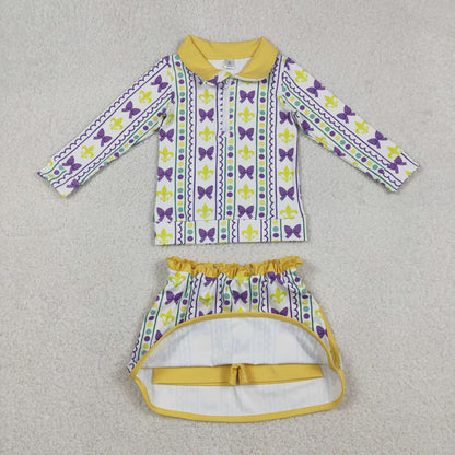 Sibling Baby Girls Mardigras Bows Anchors Stripe Yoga Active Shorts Knee Length Dress Skorts Clothes Sets