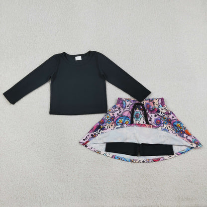 GLD1425 Baby Girls Black Long Sleeve Shirt Top Demon Hunter Flowers Skirt Shorts Clothes Set