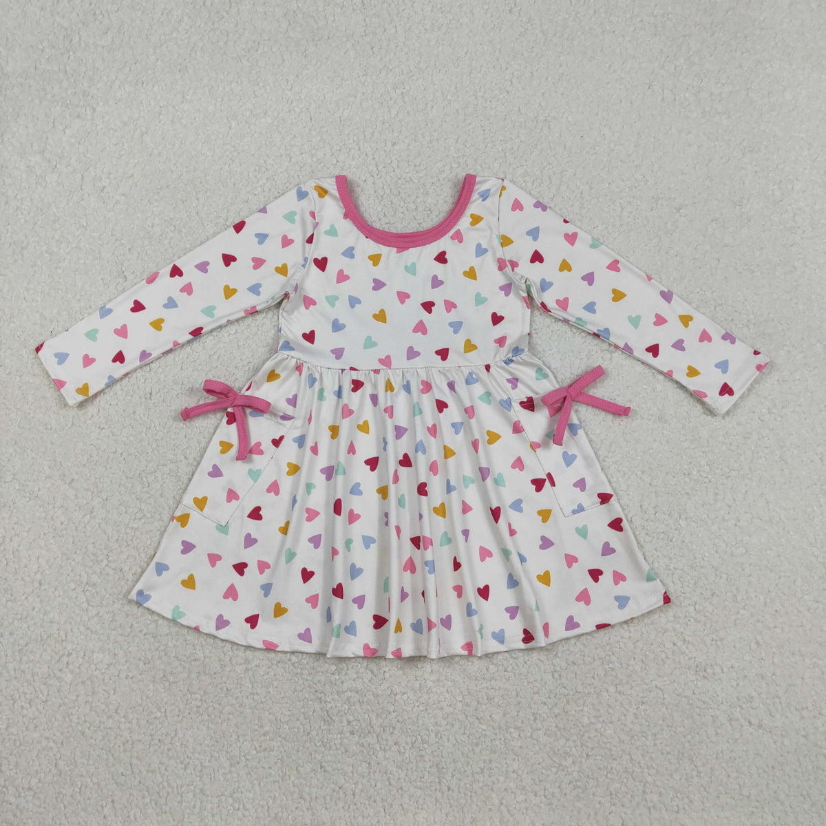 GLD1428 Baby Girls Colorful Hearts Pockets Valentines Knee Length Dresses