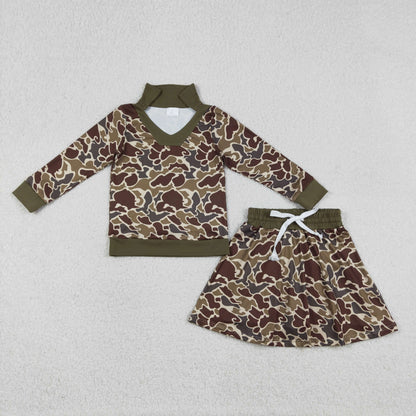 GLD1479 Baby Girls Southern Dark Khaki Camo Long Sleeve Top Skirt Shorts Clothes Sets