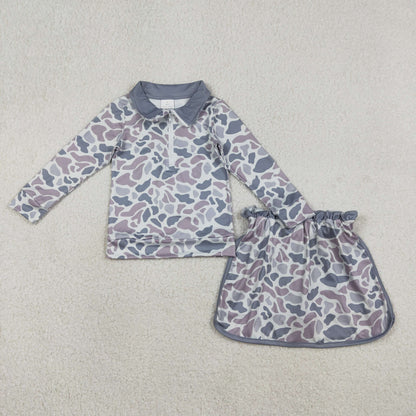 GLD1548 Baby Girls Southern Light Grey Camo Zip Pullovers Top Skirt Short Clothes Sets